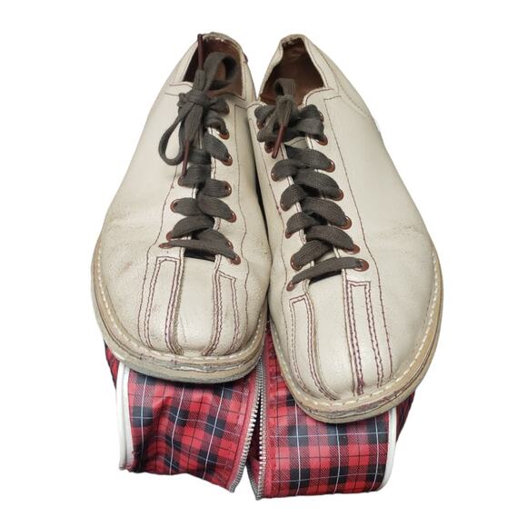 Vintage Brunswick Tan Leather Brown Grommets Split Toe Bowling Shoes Travel Bag - Picture 1 of 14